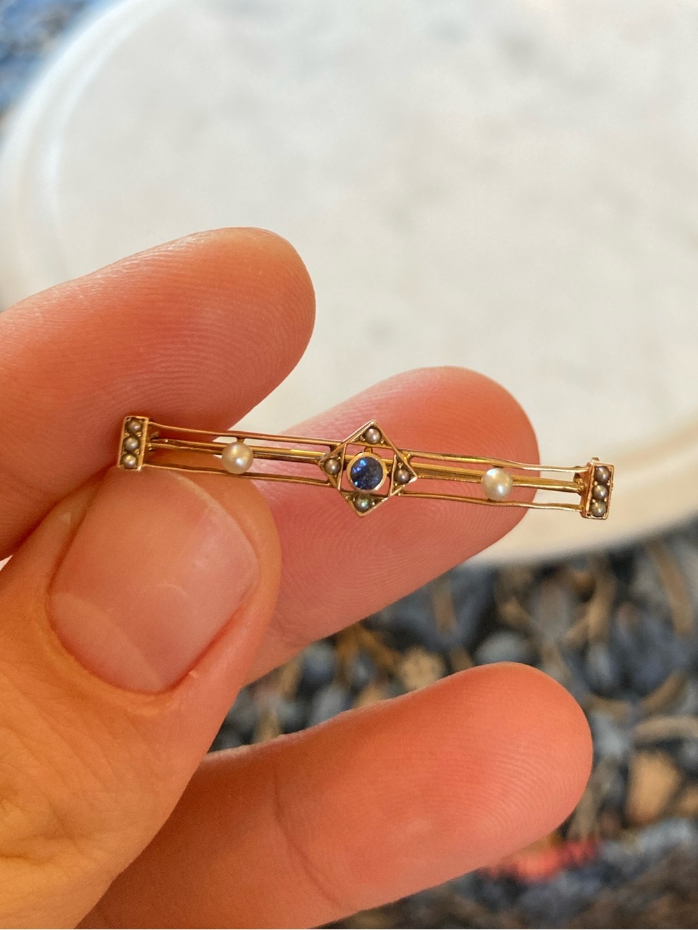 Antique Edwardian 14K Sapphire & Seed Pearl Krementz & Co. Lingerie/Lace Pin